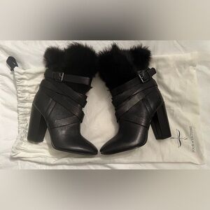 Pour La Victoire Black Faux Fur Trim High Heel Ankle Boots Bootie Size 8